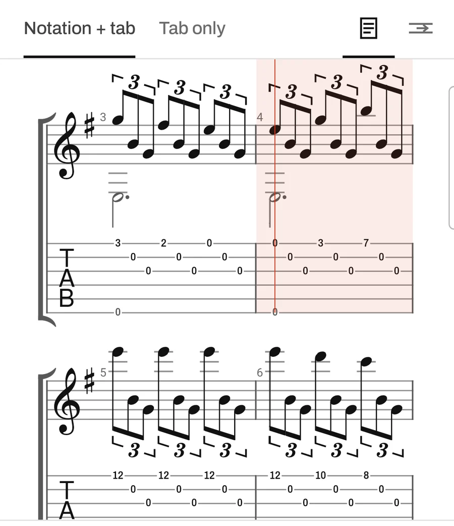 Tabline showing Romanza as standard notation above tablature, with the current bar highlighted.